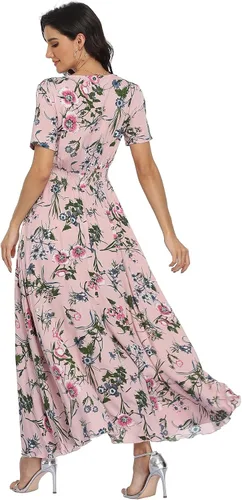 Vista 2 de VintageClothing - Vestido largo floral para mujer, estilo bohemio, con botones, dividido, para verano, informal, vestido largo para fiesta