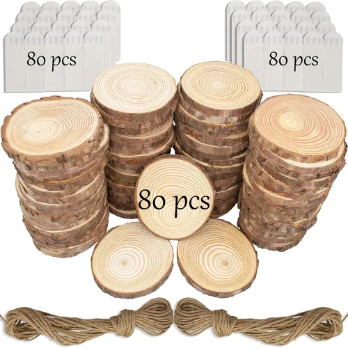 Vista 10 de Rebanadas de madera natural sin terminar, 40 unidades de círculos de madera de 3.2 a 4 pulgadas para manualidades, adornos de Navidad, kit de madera