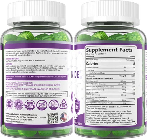 Vista 8 de Gomitas de nicotinamida de 500 mg (niacina libre de rubor) Suplemento de niacinamida de vitamina B3 para regeneración celular, niveles de NAD+