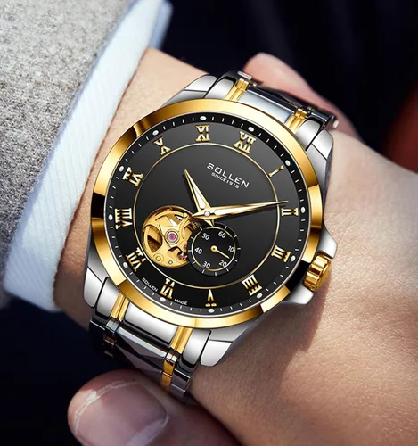 Vista 5 de SOLLEN Reloj mecánico de los hombres, reloj automático clásico de los hombres del acero inoxidable, reloj de pulsera
