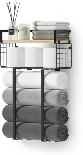 Vista 12 de Xstydes Toalleros para baño, toallero de metal con cesta de almacenamiento, toallero de pared para toallas enrolladas, almacenamiento de toallas