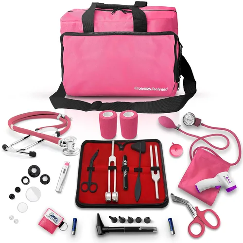 Vista 12 de ASA TECHMED Kit básico de enfermería para el trabajo, estetoscopio, monitor de presión arterial, otoscopio, diapasones y más. Kit médico de 18 Negro