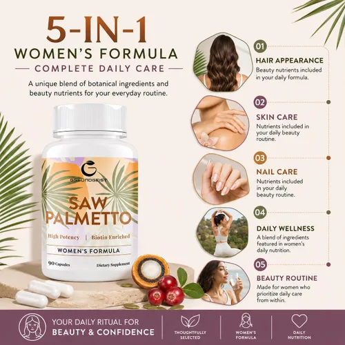 Vista 3 de Saw Palmetto para la pérdida de cabello de las mujeres, bloqueador DHT con mezcla 5 en 1 para el crecimiento del cabello, la piel y las uñas