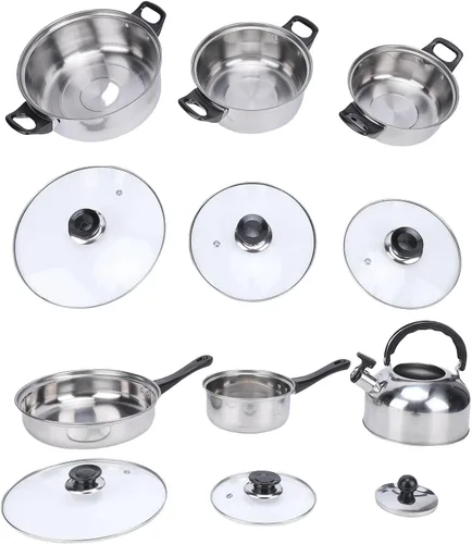 Vista 4 de Tnfeeon Home Kitchen Cookware Sets with Glass Lid Sturdy Noodles Pot Kitchen Cooking Pots and Pans for Indoor Boiling Soups Sauce, Cookware Sets