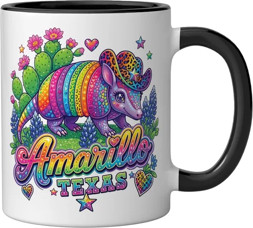 Vista 2 de Amarillo Texas Rainbow Armadillo Cowboy 80s Retro Souvenir Ceramic Mug, Black/White