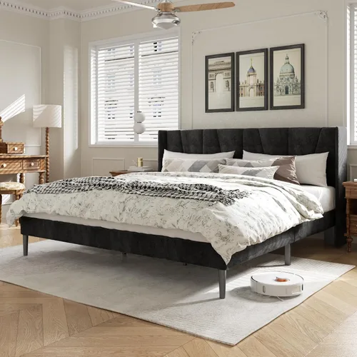 Vista 9 de HAOARA Base de cama tamaño matrimonial con cabecero, bases de cama tapizadas con plataforma de terciopelo, base de colchón contemporánea, Beige
