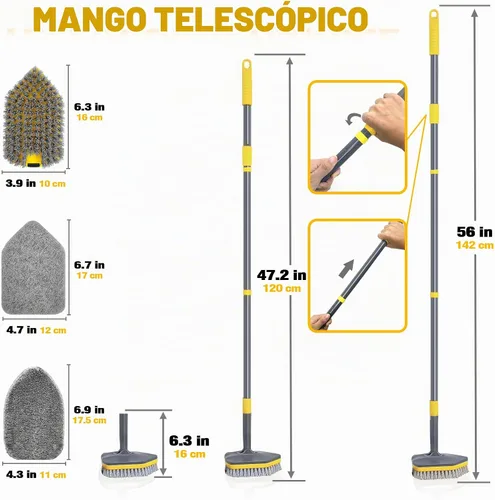 Vista 6 de Cepillo de ducha con mango largo para limpieza, cepillo de ducha extensible 3 en 1 de 56 pulgadas, accesorio intercambiable para limpiar la pared