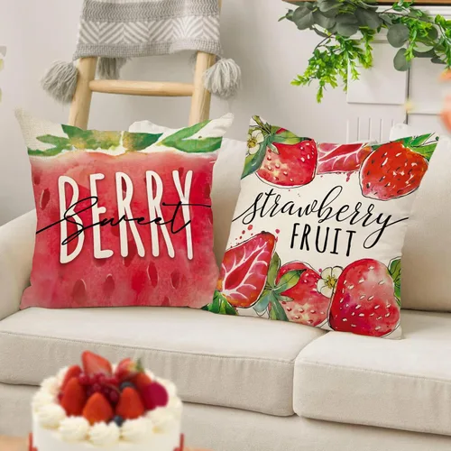 Vista 6 de Juego de 4 fundas de almohada decorativas de primavera y verano de fresa de 16 x 16 pulgadas, decoración de fundas de cojín de fruta roja dulce