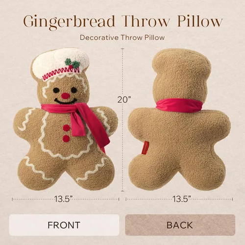 Vista 4 de Phantoscope Almohada Decorativa de Feliz Navidad Pan de Jengibre, Almohadas de Peluche Teddy Navideñas con Forma de Pan de Jengibre con Gorro