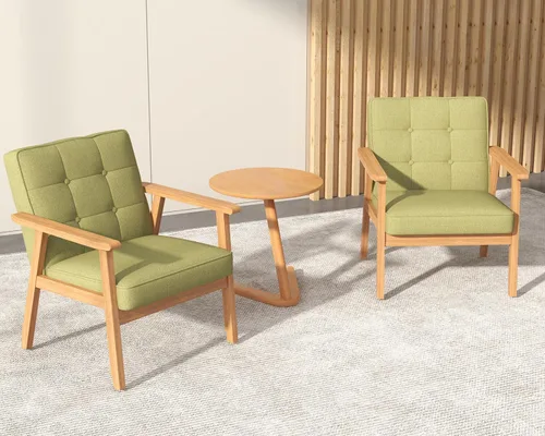 Vista 12 de Silla decorativa moderna con reposabrazos, silla de ocio tapizada de tela de lino con botón de respaldo y marco de madera para sala de estar, Beige