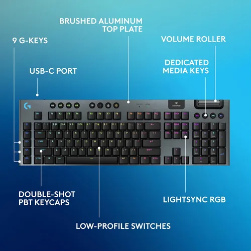 Vista 6 de Logitech G Teclado mecánico inalámbrico Lightspeed 915 X para juegos, teclas PBT de doble disparo, teclas totalmente programables, teclados RGB