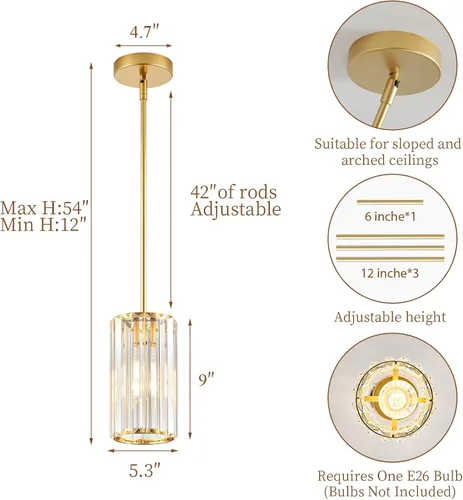 Vista 4 de 1 Pack Crystal Pendant Lights Kitchen Island,Modern Gold Pendant Light Fixtures,Adjustable Hanging Lighting for Kitchen Island Dining Room Bar Foyer