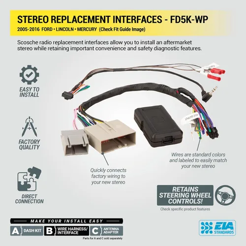 Vista 4 de Kit de adaptador de interfaz de reemplazo de estéreo de fábrica Scosche FD5K-WP, compatible con selectos Ford, Lincoln y Mercury de 2005-2016, arnés