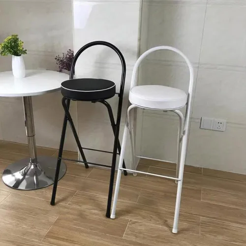 Vista 5 de Taburete plegable para desayuno, silla alta con asiento acolchado, taburete redondo portátil con respaldo, taburete plegable para adultos al aire