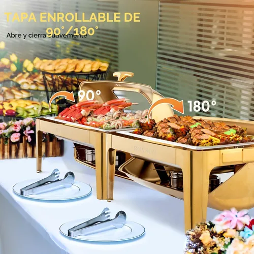 Vista 5 de ROVSUN Juego de platos de 9 cuartos de galón para bufé, juego de bufé de platos de rozamiento enrollable de acero inoxidable y calentadores de bufé