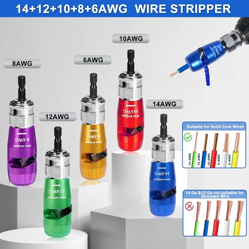 Vista 7 de Pelacables para AWG, herramienta mejorada para taladro, pelacables eléctrico universal 8 en 1, herramienta de extracción rápida de cable con 25