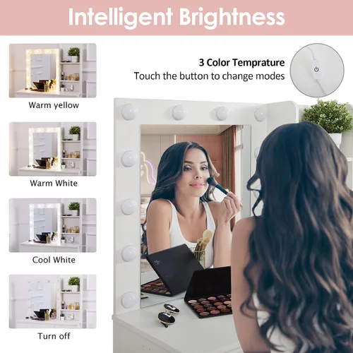 Vista 5 de Vabches Tocador de maquillaje con luces, escritorio de tocador de 37 pulgadas con tira de corriente, mesa de maquillaje de 4 cajones con espejo