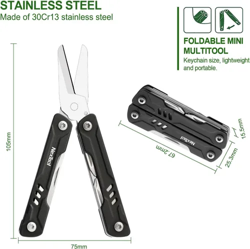 Vista 2 de NexTool Llavero multiherramienta, mini tijeras de marinero, mini multiherramienta 10 en 1 con cuchillo de bolsillo EDC, mini alicates, abrebotellas