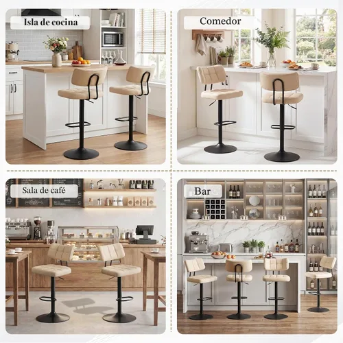 Vista 9 de Furniliving Juego de 2 Taburetes de Bar Modernos de Cuero Sintético, Taburetes Giratorios Tapizados con Respaldo, Sillas de Bar Ajustables de Altura