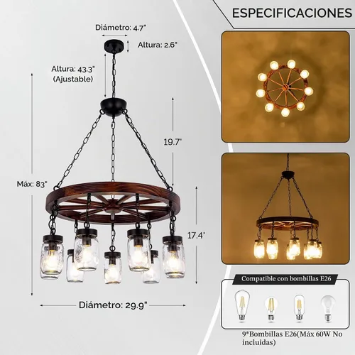 Vista 3 de Wellmet Candelabro de granja para comedor de 30 pulgadas, 9 luces rústicas de madera para sala de estar, accesorio colgante vintage para colgar