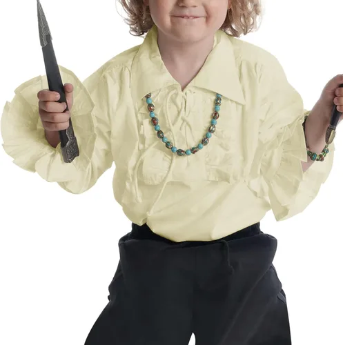 Vista 2 de rrhss Disfraces para niños, camisas de pirata, medievales, renacentistas, escoceses, con volantes, puños con cordones, ropa de solapa de 5 a 14 años