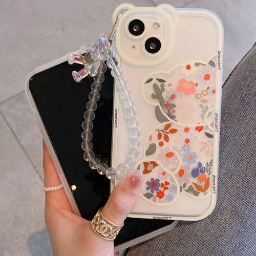 Vista 6 de Funda compatible con iPhone 8 Plus, bonito protector de cámara con diseño de oso de flores transparentes con bonita correa y cadena para niñas