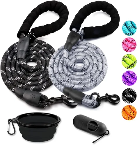 Vista 10 de COOYOO - Conjunto de 2 correas para perro de 5 pies, de alta resistencia, cómodo mango acolchado, correa reflectante para perros medianos y grandes