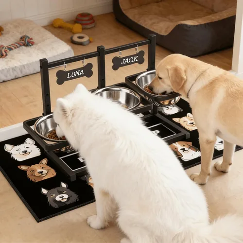 Vista 7 de Cuencos elevados para perros grandes, soporte elevado de 6 alturas ajustables con paspartú, dos tarjetas distintivas y tres cuencos de 57.5 fl oz