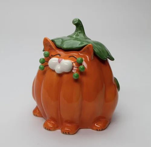 Vista 2 de Cosmos Gifts Caja de caramelos con diseño de gato y calabaza de cerámica fina, 14.9 cm H
