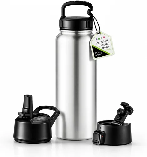 Vista 96 de SIPX™ Botella de Agua Aislada de 18 oz con 3 Tapas – Acero Inoxidable a Prueba de Fugas, Triple Aislamiento – Frío 24 Horas/Caliente 12 Horas – Negro