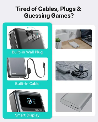 Vista 2 de MOKiN Cargador portátil de carga rápida de 40 W para Samsung iPhone Android, 10000 mAh 3 en 1 banco de energía con enchufe de pared, cable USB-C