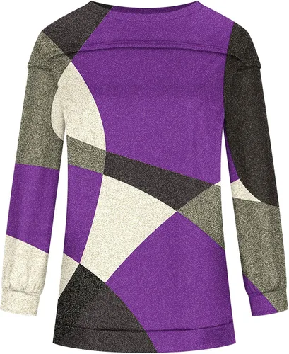 Vista 3 de LONGZUVS Long Sleeve Shirts for Womens Causal Loose Pullover Sweatshirt Round Neck Color Blocking Long Sleeve T-Shirts Tops