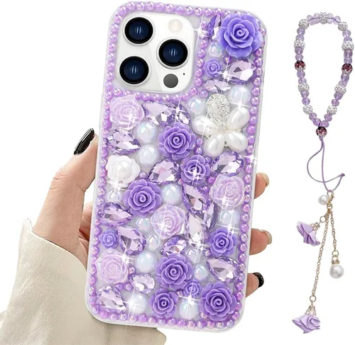 Vista 10 de para iPhone 14 Pro - Funda con Purpurina y Diamantes de Imitación, de Lujo, con Cristales Brillantes, Flores de Rosa, Perlas Florales, Pulseras