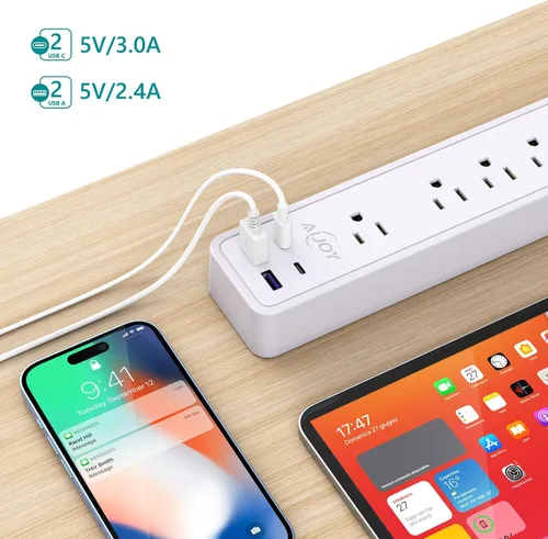 Vista 3 de Regleta de protección contra sobretensiones de 5 pies con 12 tomas de corriente y 4 puertos USB AiJoy Power Strip with USB Ports Extension Cord