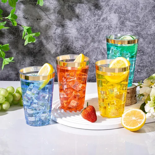 Vista 3 de I00000 Paquete de 100 vasos de plástico dorados de 14 oz, vasos desechables dorados vasos, copas de vino de plástico desechables, copas de cóctel