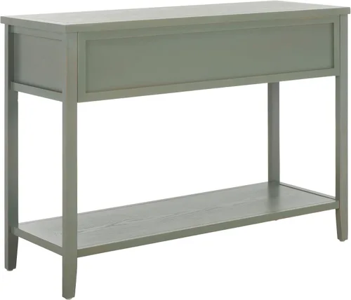 Vista 7 de Safavieh colección americana para el hogar Earley Mesa consola de tres cajones Color Negro Envejecido Y Nogal, Madera de olmo, Gris (French Grey)