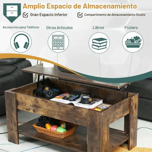 Vista 4 de PayLessHere Mesa de Centro con Tapa Elevable Mesas de Centro con Compartimento Oculto y Estante de Almacenamiento Tablero de Madera Elevable Mesa