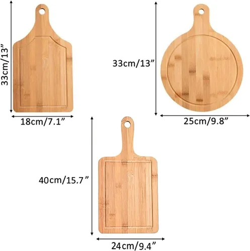 Vista 2 de Juego de tablas de cortar de bambú, 3 piezas, tablas de cortar carne, pala de pizza con mango para hornear pizza casera pan, pastel, frutas
