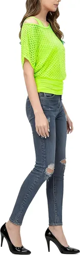 Vista 4 de MAGICMK Conjunto de 2 piezas de disfraces de los años 80 para mujer, camiseta sexy de red neón con hombros descubiertos, traje de fiesta casual retro