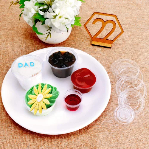 Vista 3 de TashiBox 100 juegos de vasos desechables de plástico con tapas, porción de soufflé, aderezo para ensalada de salsa, tazas de condimentos, paquete