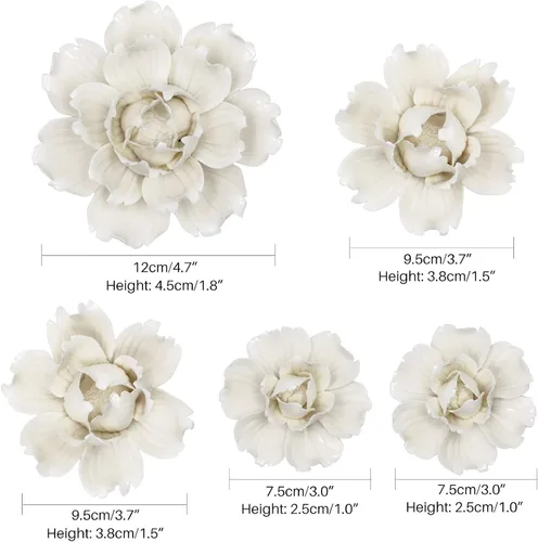 Vista 6 de LIUCOGXI 5 piezas de flores de cerámica para decoración de pared hechas a mano 3D colgantes de porcelana, arte de pared, escultura blanca de peonía