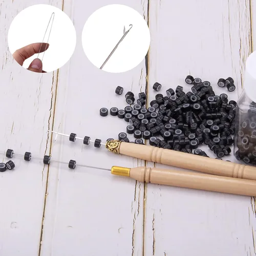 Vista 4 de Duufin Kit de extensiones de cabello, 500 piezas de cuentas de micro anillo negro, 1 alicates de extensión de cabello, 2 ganchos, aguja de tracción