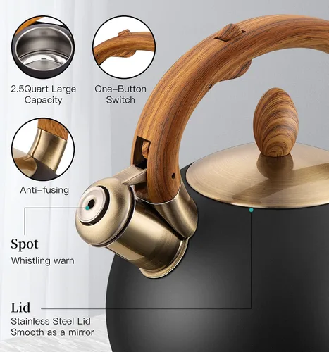 Vista 11 de Tetera y tetera de té, tetera de cocina de acero inoxidable de 2.64 cuartos de galón de grado alimenticio con silbato por inducción para estufa