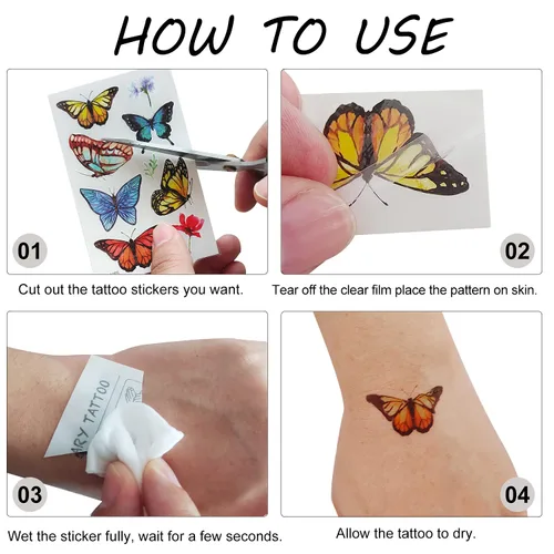 Vista 6 de Tatuajes de mariposa para niños y mujeres, 100 calcomanías temporales de mariposa coloridas e impermeables para recuerdos de fiesta, regalos