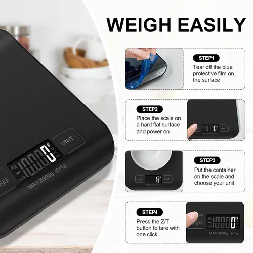 Vista 5 de Báscula de alimentos, báscula de cocina de 11 lb con función de tara de 6 unidades y pantalla LCD, báscula digital de alimentos de acero inoxidable