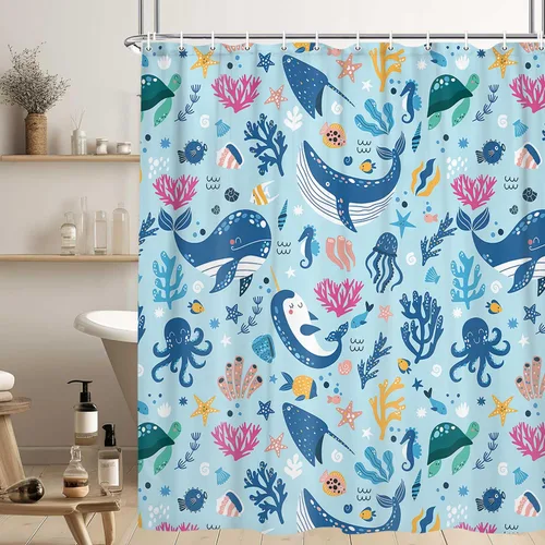 Vista 4 de Cortina de ducha náutica para niños, azul bohemio, océano, tiburón, abstracto, dibujos animados, decoración de baño, con cortinas de ducha de tela
