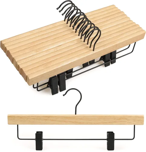 Vista 11 de TOPIA HANGER Perchas para pantalones, paquete de 10 perchas de bambú con clips negros y gancho giratorio, perchas duraderas de madera natural