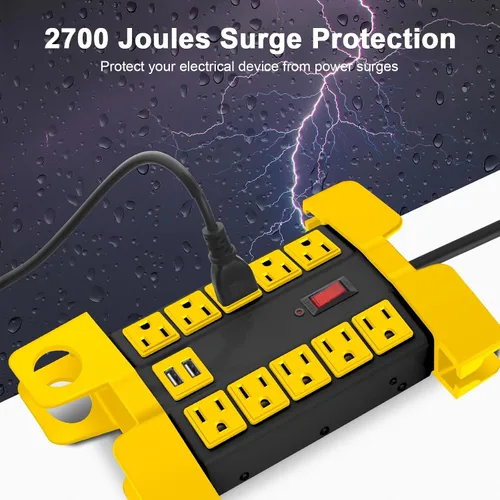 Vista 10 de CCCEI Regleta de alimentación resistente con puertos USB, 10 salidas para garaje, protector de sobretensiones de 2700 julios, metal para taller