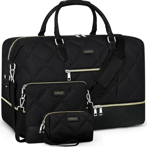 Vista 42 de Bolsa de fin de semana para mujer, bolsa de viaje de nailon, con compartimento para zapatos, tamaño grande 1-beige