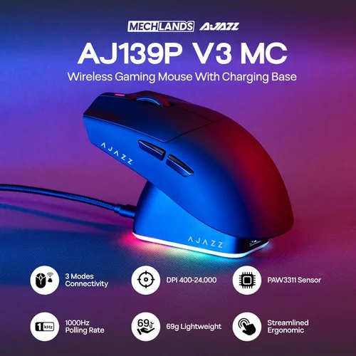 Vista 2 de MechLands AJAZZ AJ139P V3 MC Mouse inalámbrico con base de carga, 3 modos de mouse para juegos con batería de 800 mAh, 24,000 DPI ajustable, sensor